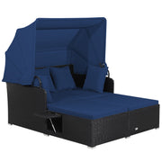 Costway - Patio Rattan Daybed with Retractable Canopy and Side Tables-Navy