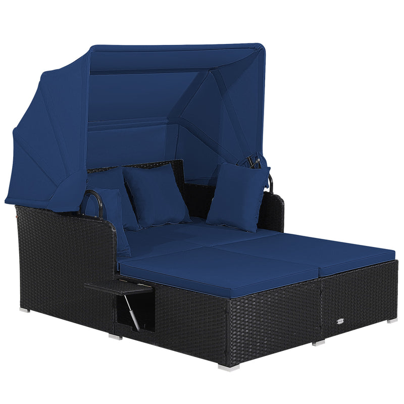 Costway - Patio Rattan Daybed with Retractable Canopy and Side Tables-Navy