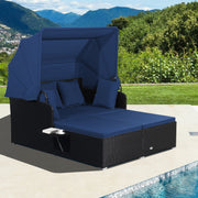 Costway - Patio Rattan Daybed with Retractable Canopy and Side Tables-Navy
