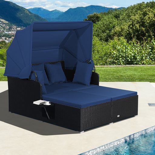 Costway - Patio Rattan Daybed with Retractable Canopy and Side Tables-Navy