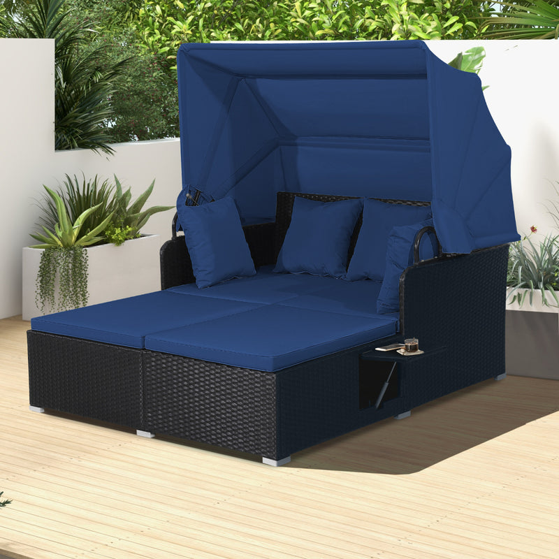 Costway - Patio Rattan Daybed with Retractable Canopy and Side Tables-Navy
