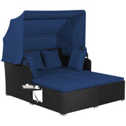 Costway - Patio Rattan Daybed with Retractable Canopy and Side Tables-Navy