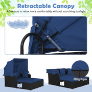 Costway - Patio Rattan Daybed with Retractable Canopy and Side Tables-Navy