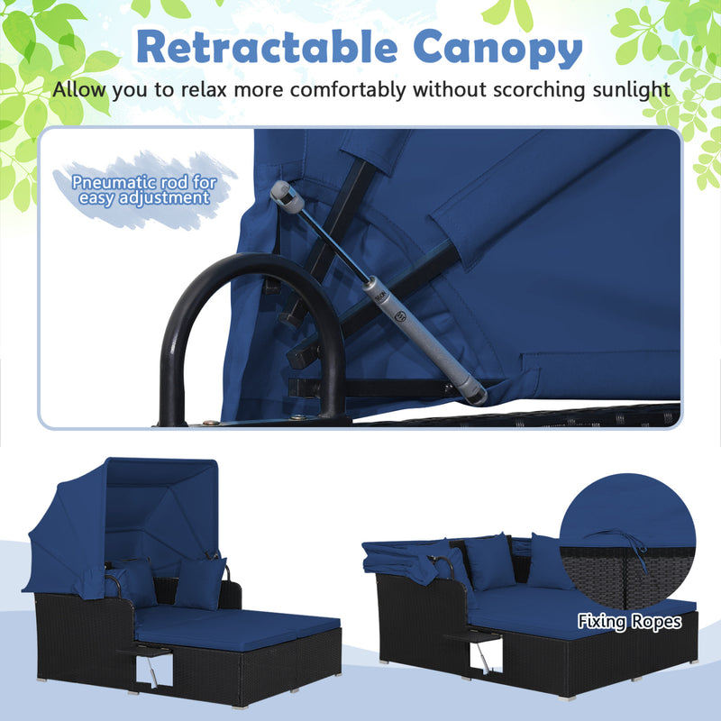 Costway - Patio Rattan Daybed with Retractable Canopy and Side Tables-Navy