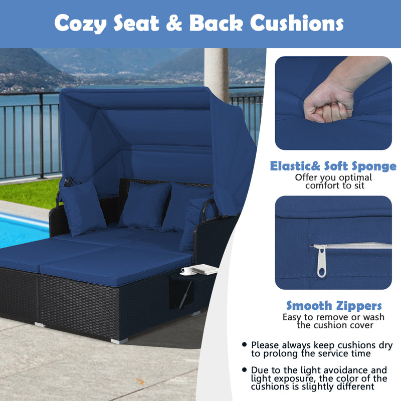 Costway - Patio Rattan Daybed with Retractable Canopy and Side Tables-Navy