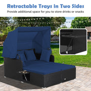 Costway - Patio Rattan Daybed with Retractable Canopy and Side Tables-Navy