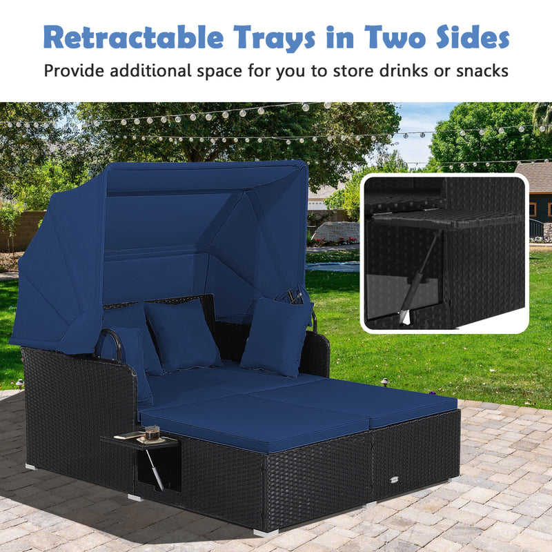 Costway - Patio Rattan Daybed with Retractable Canopy and Side Tables-Navy