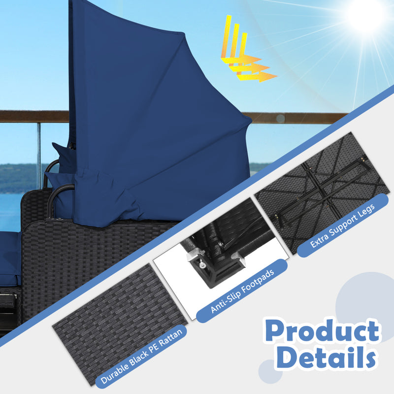 Costway - Patio Rattan Daybed with Retractable Canopy and Side Tables-Navy