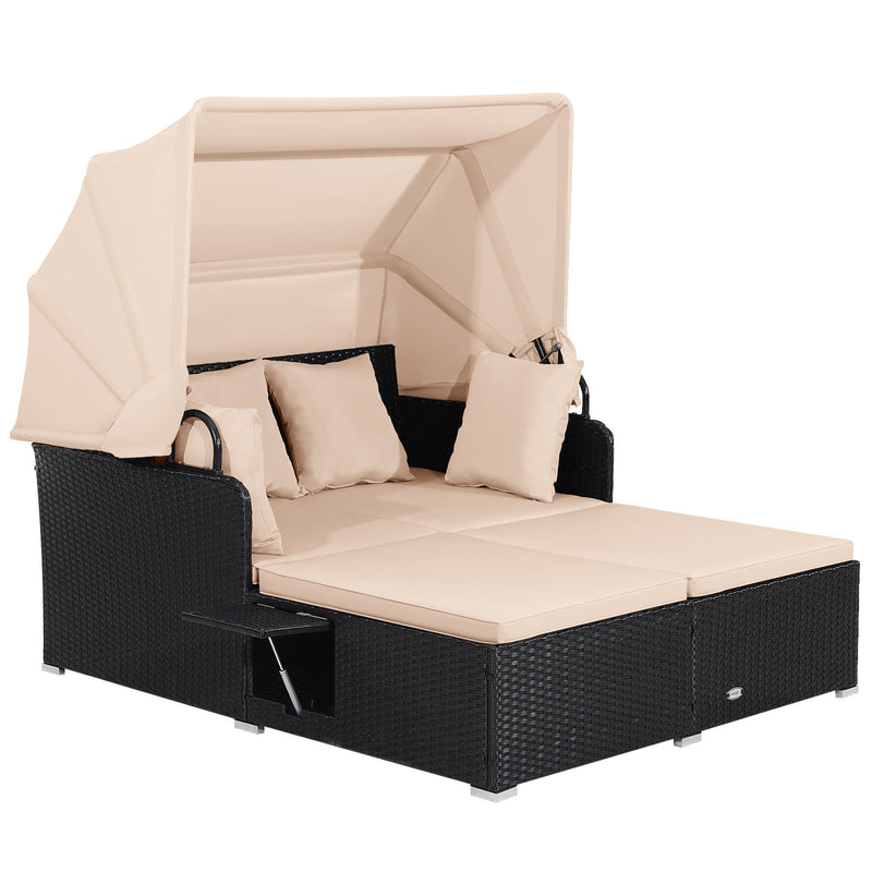 Costway - Patio Rattan Daybed with Retractable Canopy and Side Tables-Beige