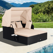 Costway - Patio Rattan Daybed with Retractable Canopy and Side Tables-Beige
