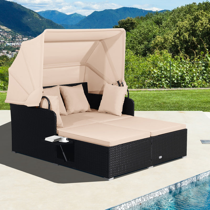 Costway - Patio Rattan Daybed with Retractable Canopy and Side Tables-Beige