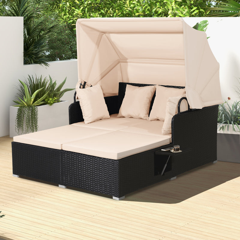 Costway - Patio Rattan Daybed with Retractable Canopy and Side Tables-Beige
