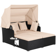 Costway - Patio Rattan Daybed with Retractable Canopy and Side Tables-Beige