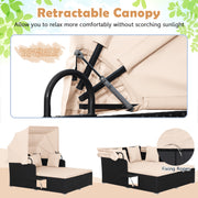 Costway - Patio Rattan Daybed with Retractable Canopy and Side Tables-Beige