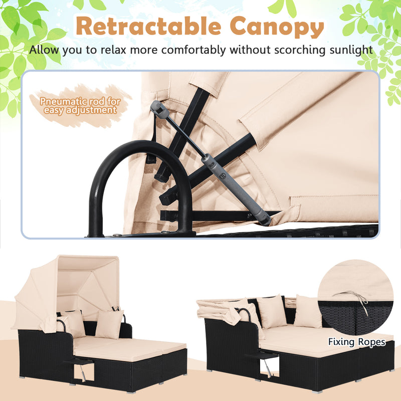 Costway - Patio Rattan Daybed with Retractable Canopy and Side Tables-Beige