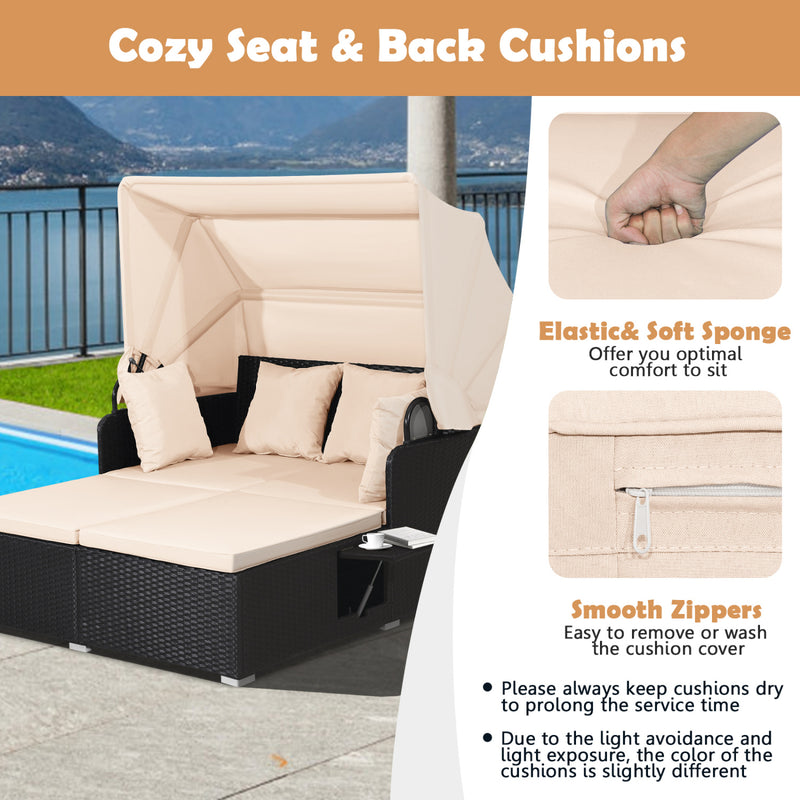 Costway - Patio Rattan Daybed with Retractable Canopy and Side Tables-Beige