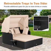 Costway - Patio Rattan Daybed with Retractable Canopy and Side Tables-Beige