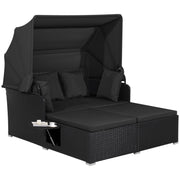 Costway - Patio Rattan Daybed with Retractable Canopy and Side Tables-Black