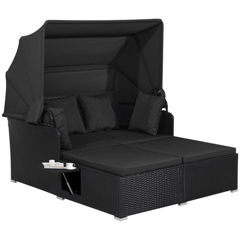 Costway - Patio Rattan Daybed with Retractable Canopy and Side Tables-Black