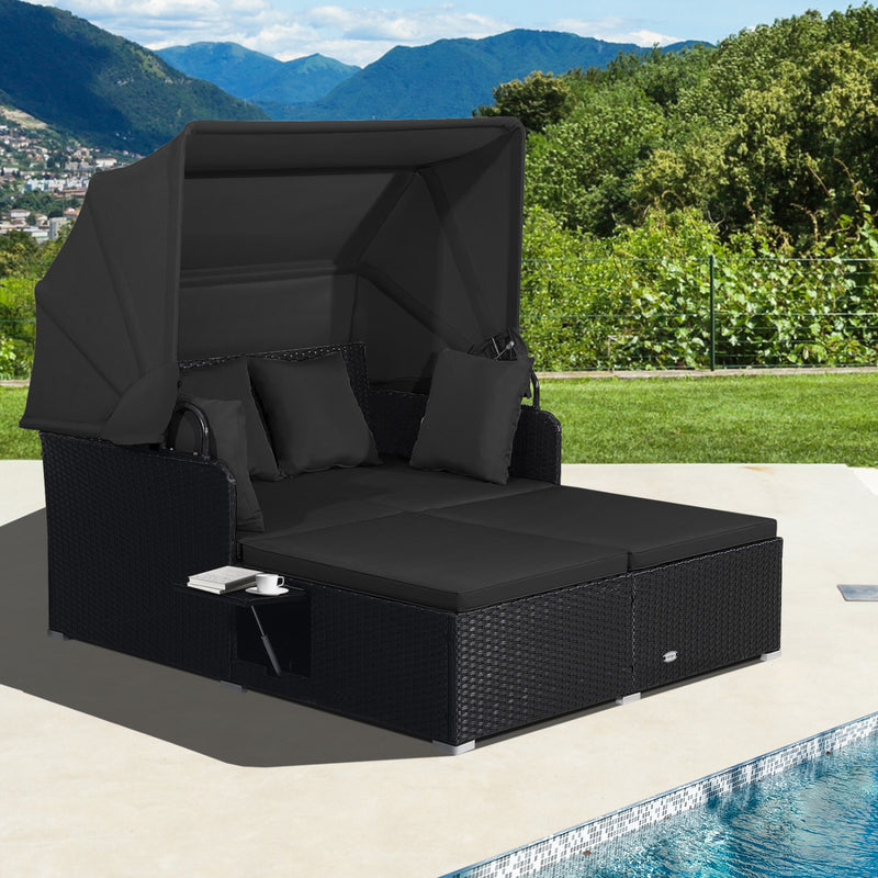 Costway - Patio Rattan Daybed with Retractable Canopy and Side Tables-Black
