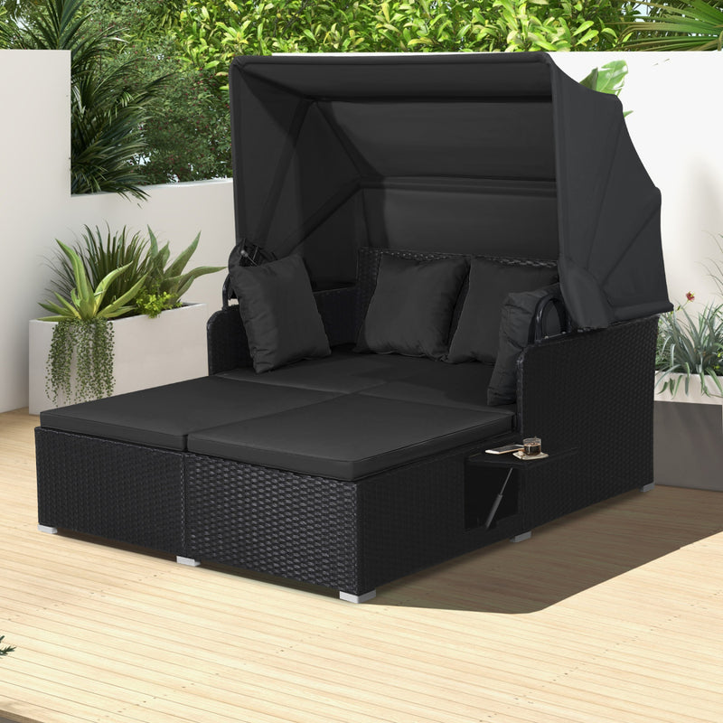 Costway - Patio Rattan Daybed with Retractable Canopy and Side Tables-Black