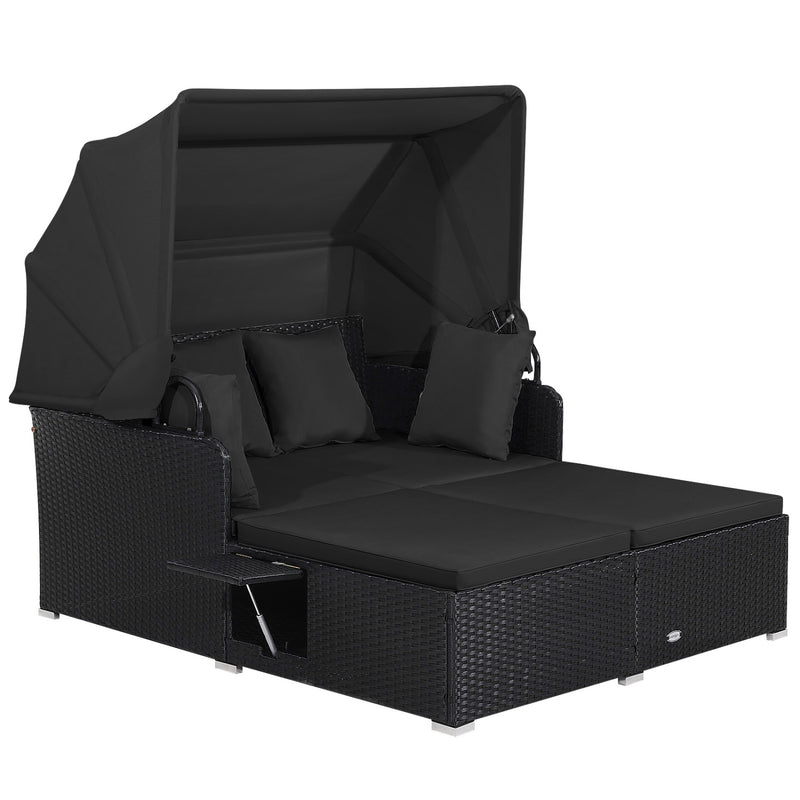 Costway - Patio Rattan Daybed with Retractable Canopy and Side Tables-Black
