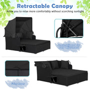Costway - Patio Rattan Daybed with Retractable Canopy and Side Tables-Black