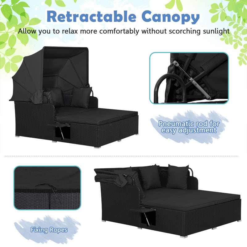 Costway - Patio Rattan Daybed with Retractable Canopy and Side Tables-Black