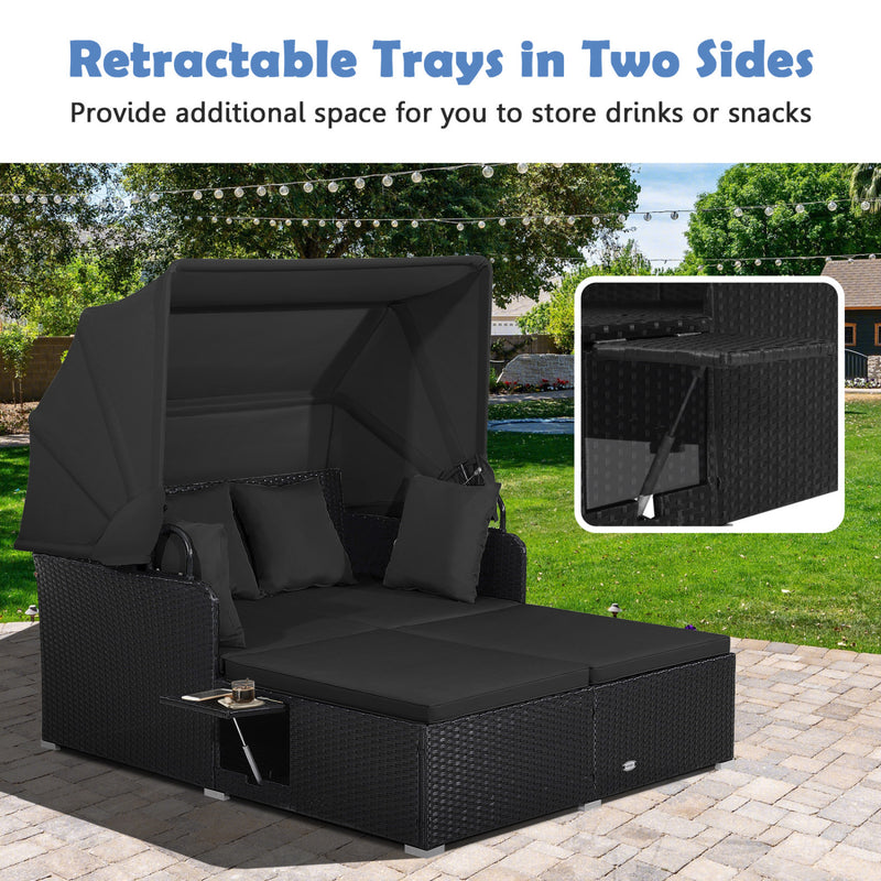 Costway - Patio Rattan Daybed with Retractable Canopy and Side Tables-Black