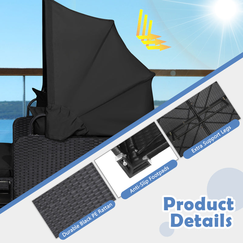 Costway - Patio Rattan Daybed with Retractable Canopy and Side Tables-Black