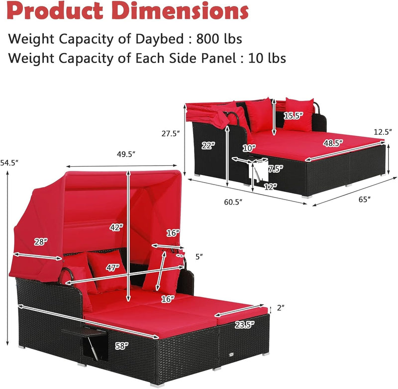 Costway - Patio Rattan Daybed with Retractable Canopy and Side Tables-Red