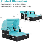 Costway - Patio Rattan Daybed with Retractable Canopy and Side Tables-Turquoise