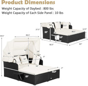 Costway - Patio Rattan Daybed with Retractable Canopy and Side Tables-Off White