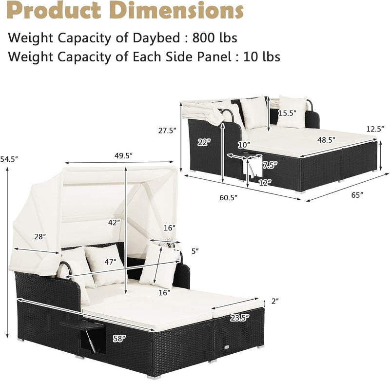 Costway - Patio Rattan Daybed with Retractable Canopy and Side Tables-Off White