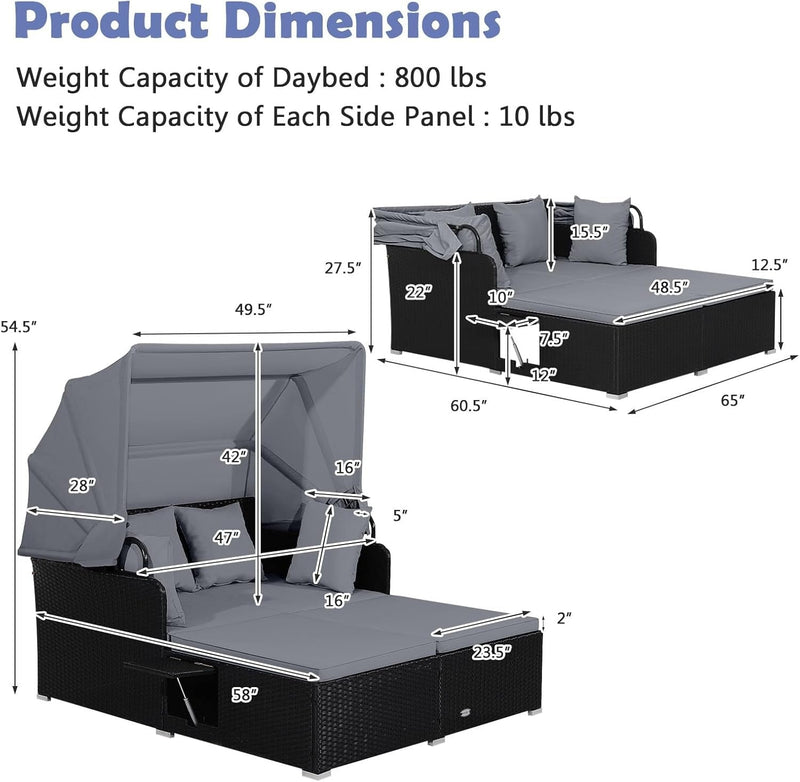 Costway - Patio Rattan Daybed with Retractable Canopy and Side Tables-Gray