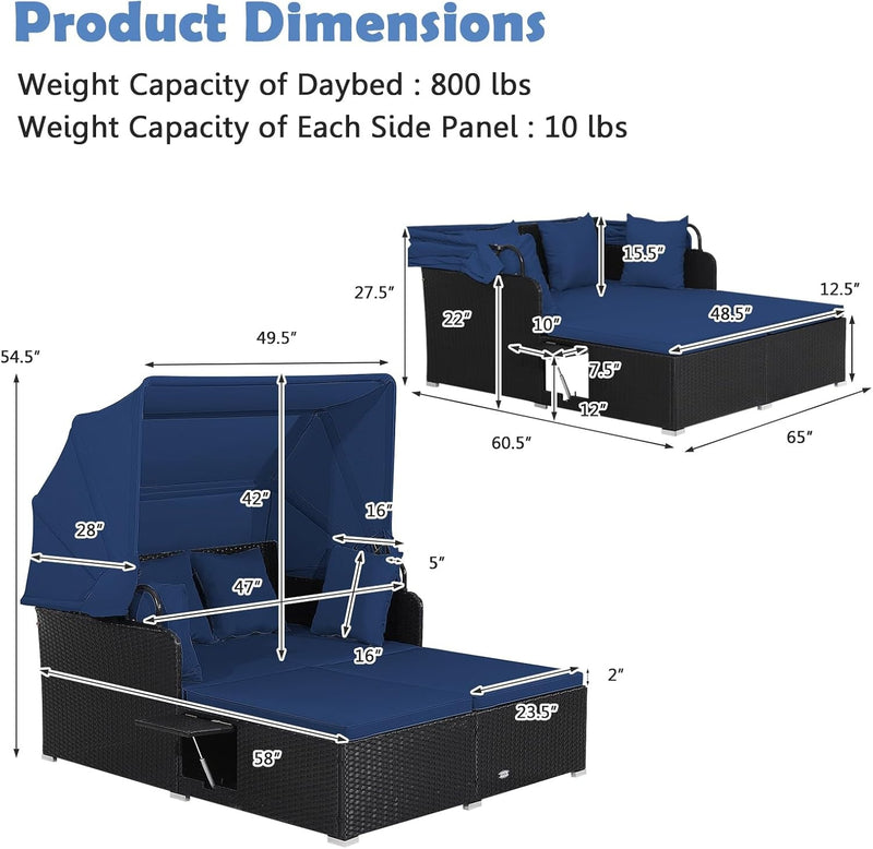 Costway - Patio Rattan Daybed with Retractable Canopy and Side Tables-Navy