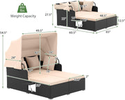 Costway - Patio Rattan Daybed with Retractable Canopy and Side Tables-Beige