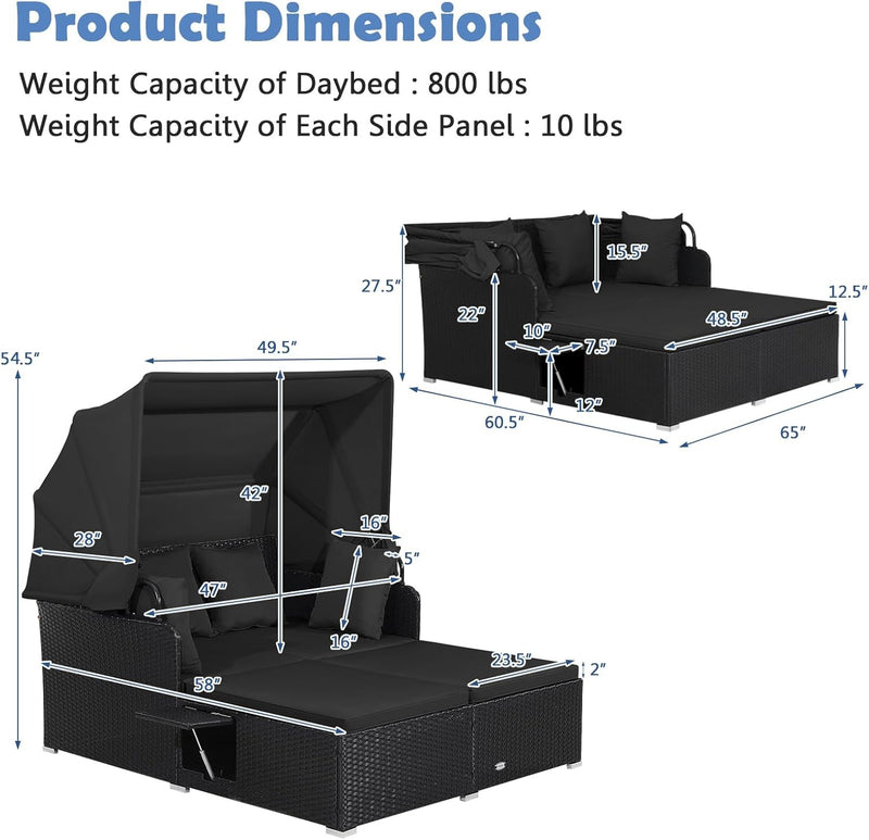 Costway - Patio Rattan Daybed with Retractable Canopy and Side Tables-Black