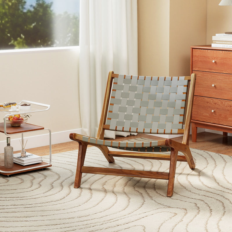 Costway - Patio Teak Wood Chair Outdoor Mid-Century Accent Chair with Nylon Webbing Seat