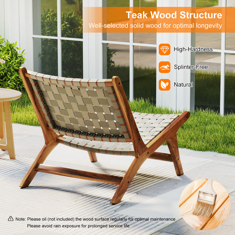 Costway - Patio Teak Wood Chair Outdoor Mid-Century Accent Chair with Nylon Webbing Seat