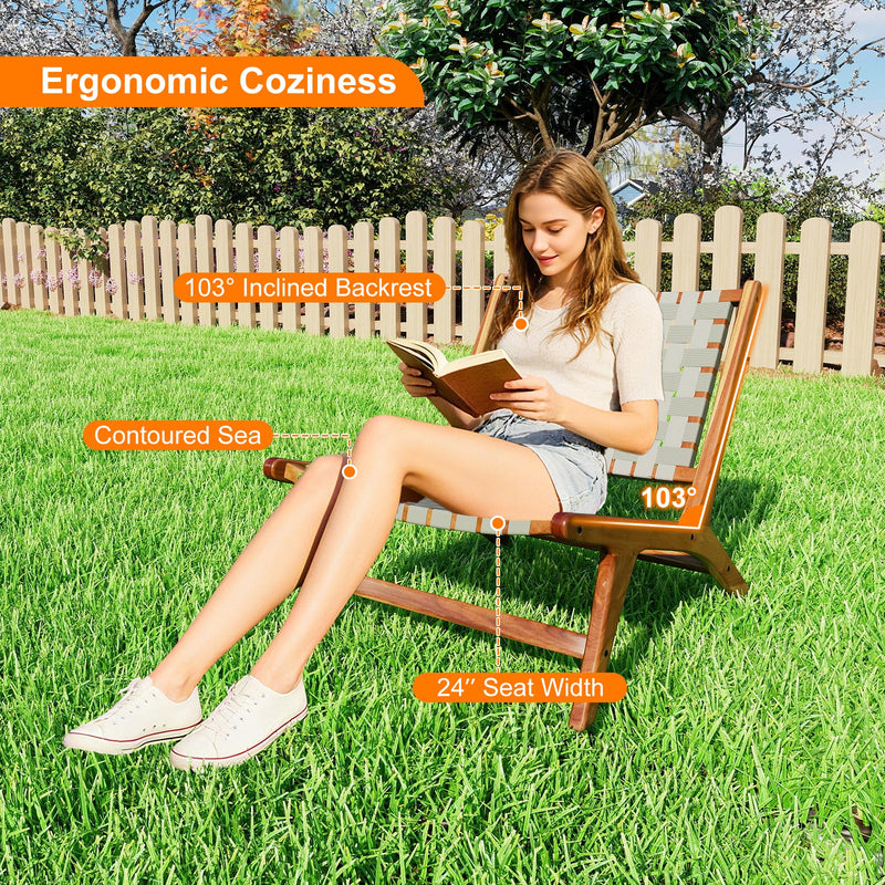 Costway - Patio Teak Wood Chair Outdoor Mid-Century Accent Chair with Nylon Webbing Seat
