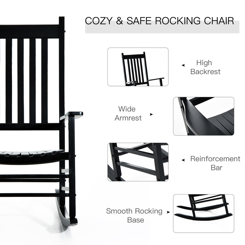 Outsunny - Wooden Porch Rocking Chair Outdoor Patio Rocker Garden Single Leisure Reclining Seat Armchair Black