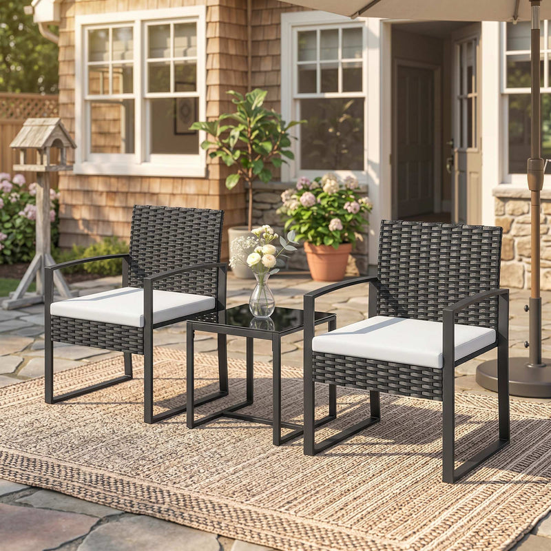 Outsunny - Outdoor Bistro Set, 3 Piece Wicker Patio Furniture Set with Glass Top Table and Cushions for Porch, Balcony, Cream White
