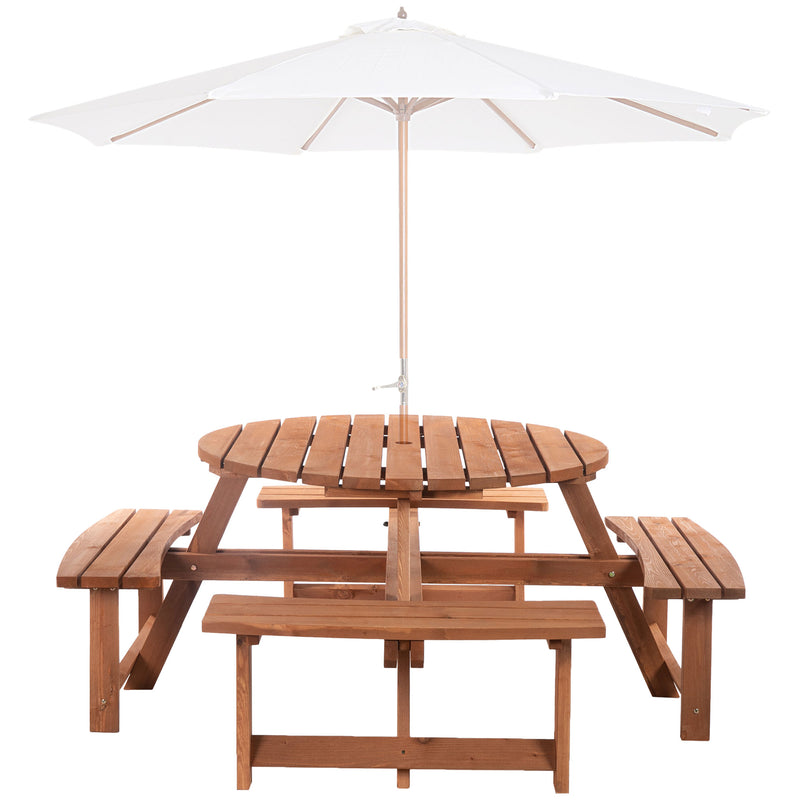 Outsunny - 8 Seater Round Wooden Pub Bench & Picnic Table, Patio Dining Set for Outdoor Patio (Umbrella Not Included)