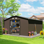 11' x 13' Outdoor Metal Storage Shed Large Tool House with Weatherproof Construction, Vent, Foundation Kit, Brown