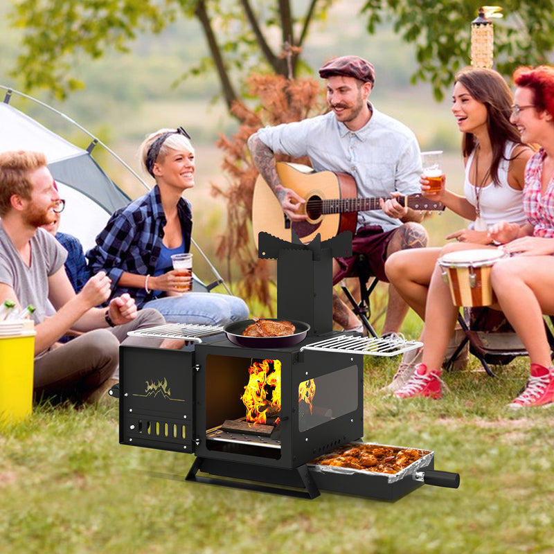 Costway - Portable Wood Burning Stove Mini Heater Burner with Pot Rack Oven Pan-Black