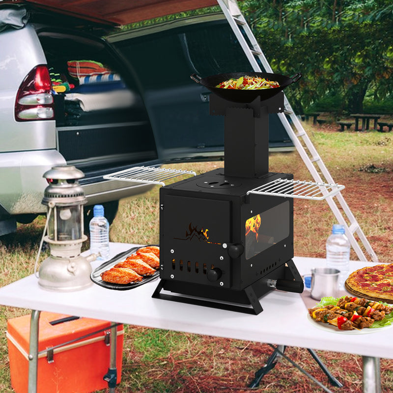 Costway - Portable Wood Burning Stove Mini Heater Burner with Pot Rack Oven Pan-Black
