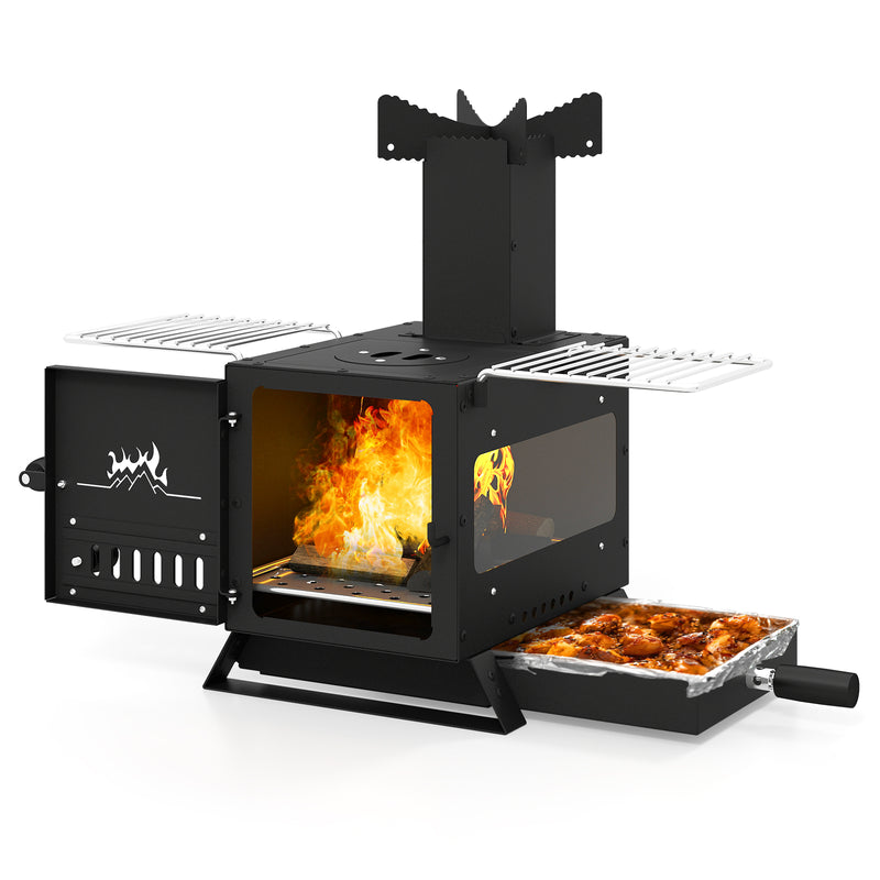 Costway - Portable Wood Burning Stove Mini Heater Burner with Pot Rack Oven Pan-Black