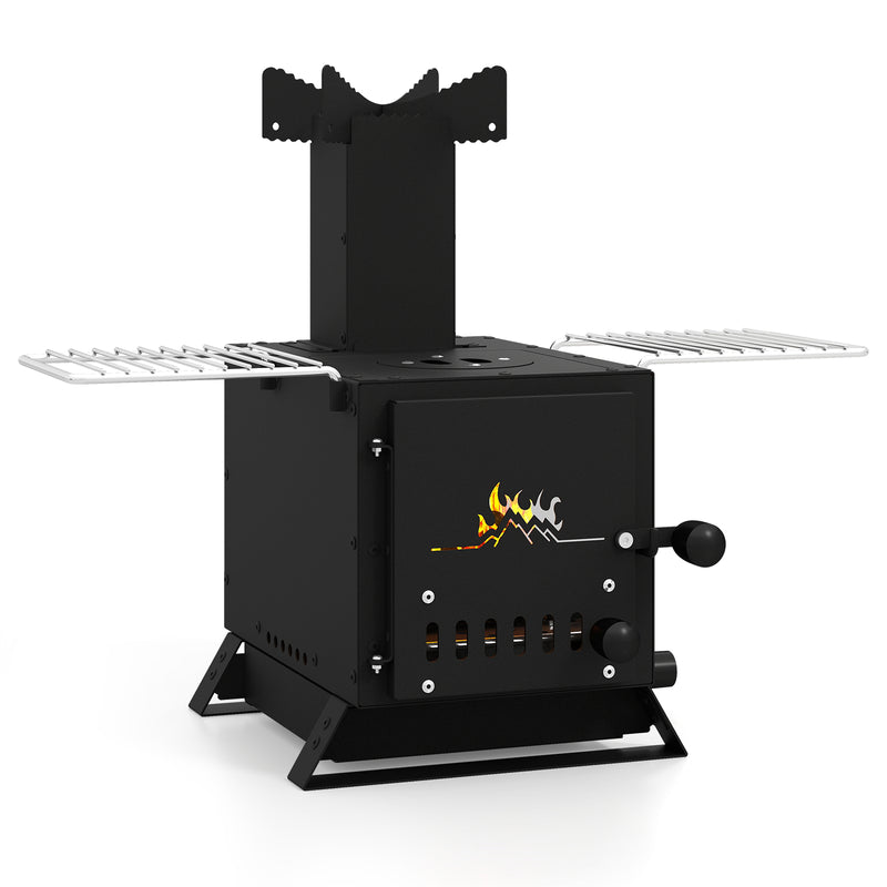 Costway - Portable Wood Burning Stove Mini Heater Burner with Pot Rack Oven Pan-Black
