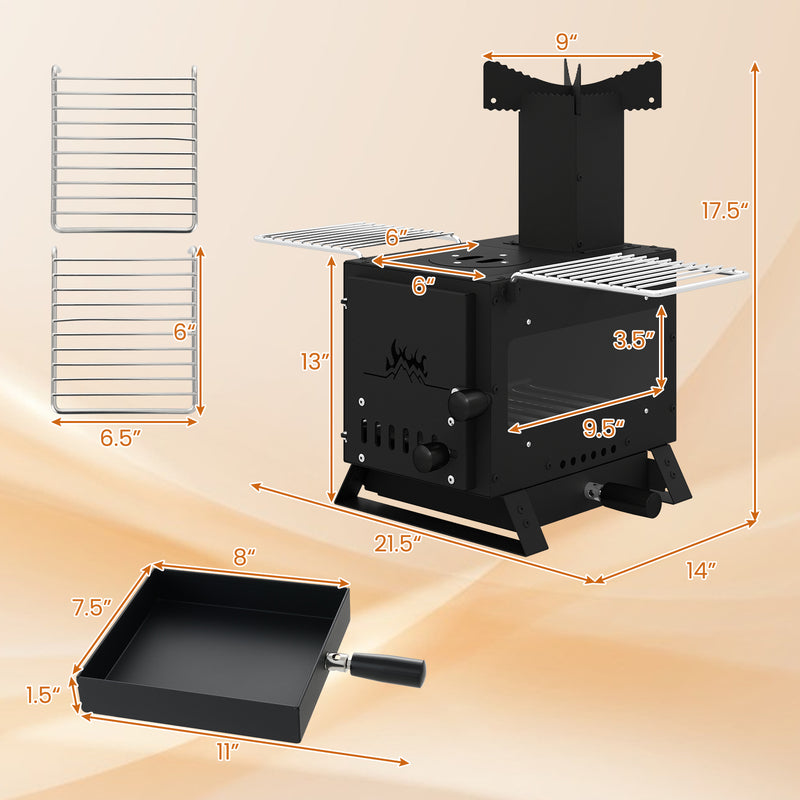 Costway - Portable Wood Burning Stove Mini Heater Burner with Pot Rack Oven Pan-Black